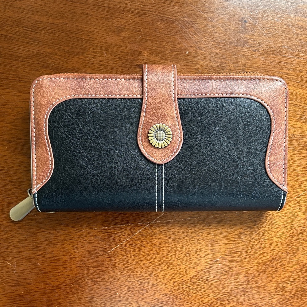 Black and Brown Wallet with Floral Button